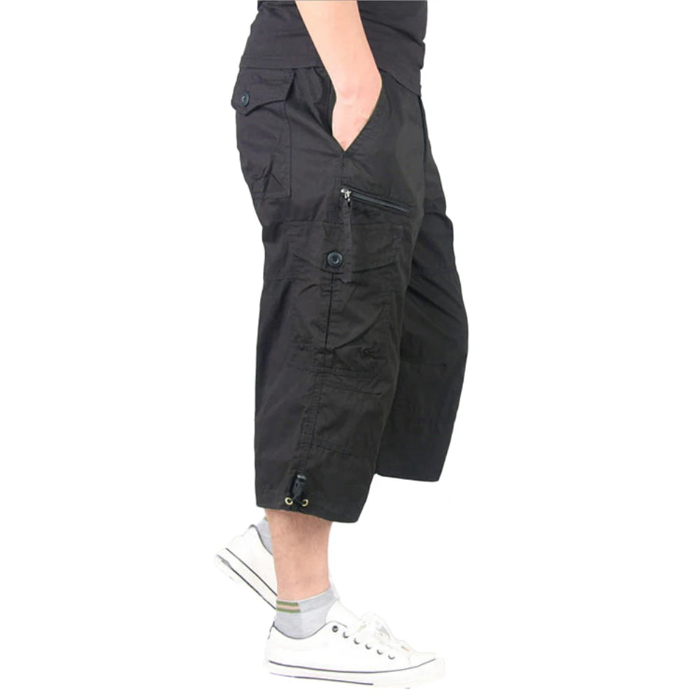 Summer Men's Casual Cotton Cargo Shorts Overalls Long Length Multi Pocket Hot breeches Military Pants Male Cropped Pants black