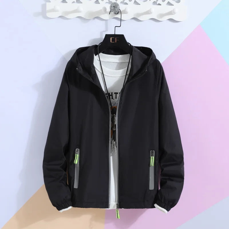 New Women's Thin Coat Summer Sun Protection Clothing Reflective Zipper Hooded Casual Jacket Family Lovers Clothing Plus Size 7XL Black