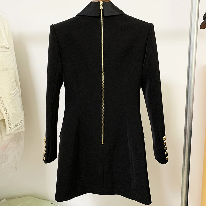 HIGH STREET 2024 New Fashion Designer Blazer Dress Women's Long Sleeve Double Breasted Metal Buttons Satin Notched Collar Dress