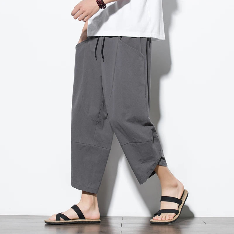 2024 Summer Men Chinese Style Cotton Linen Harem Pants Men Streetwear Breathable Beach Pants Male Casual Calf-Lenght Trousers dark grey CHINA