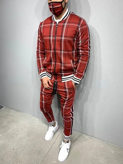 Mens Tracksuits Colorful Plaid Casual Zipper Hoodie Set 3D Print Set New Autumn Male Sweatshirt Clothes For Men red03 CHINA