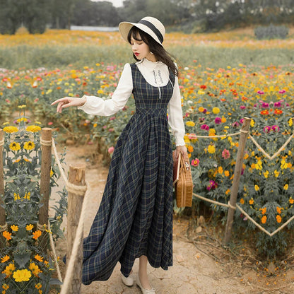 2021 Autumn Winter  New Arrival Vintage Stand Collar Floral Embroidery Long Sleeve Plaid Women Long Cotton Dress High Quality