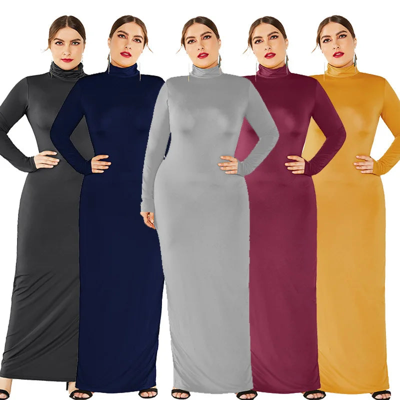 Spring Autumn Women Solid Casual Slim Bodycon Package Hip Maxi Dress Long Sleeve Turtleneck Stretchy Long Dresses Plus Size Robe