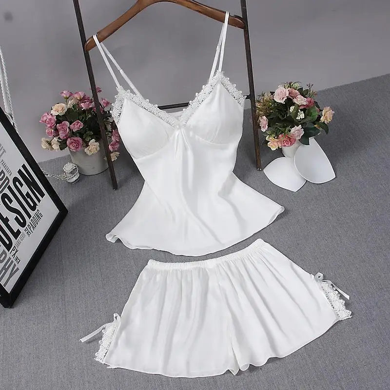 Sexy Summer Womens 2PC Robe Bath Gown Strap Top Pants Pajamas Sets Sleepwear Lady Home Wear Nightgown Suit Sleepshirts M-XXL WHITE