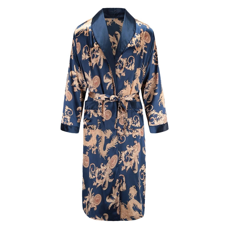 Men Robe Nightgown Long Sleeves Kimono Bathrobe Gown Silky Satin Dragon Print Pajamas Sleepwear Nightwear Gown Casual Home robe 1