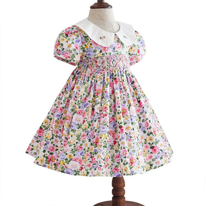 Kids Little Girls Handmade Smocked Floral Flower Print Dresses 2024 Spring Summer Toddler Girl Princess Vintage Smock Dress Color 6