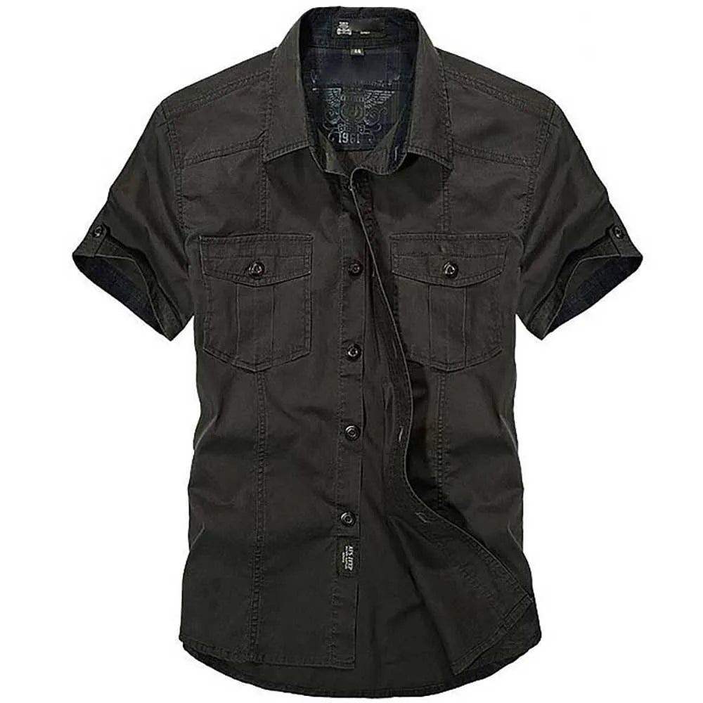 Elegant Fashion Cotton Casual Shirts Summer Men Plus Size Loose Baggy Shirts Short Sleeve Turn-down Collar Military Style Male Clothing