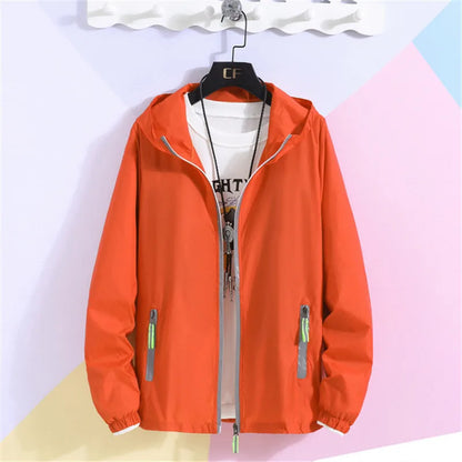 New Women's Thin Coat Summer Sun Protection Clothing Reflective Zipper Hooded Casual Jacket Family Lovers Clothing Plus Size 7XL Orange