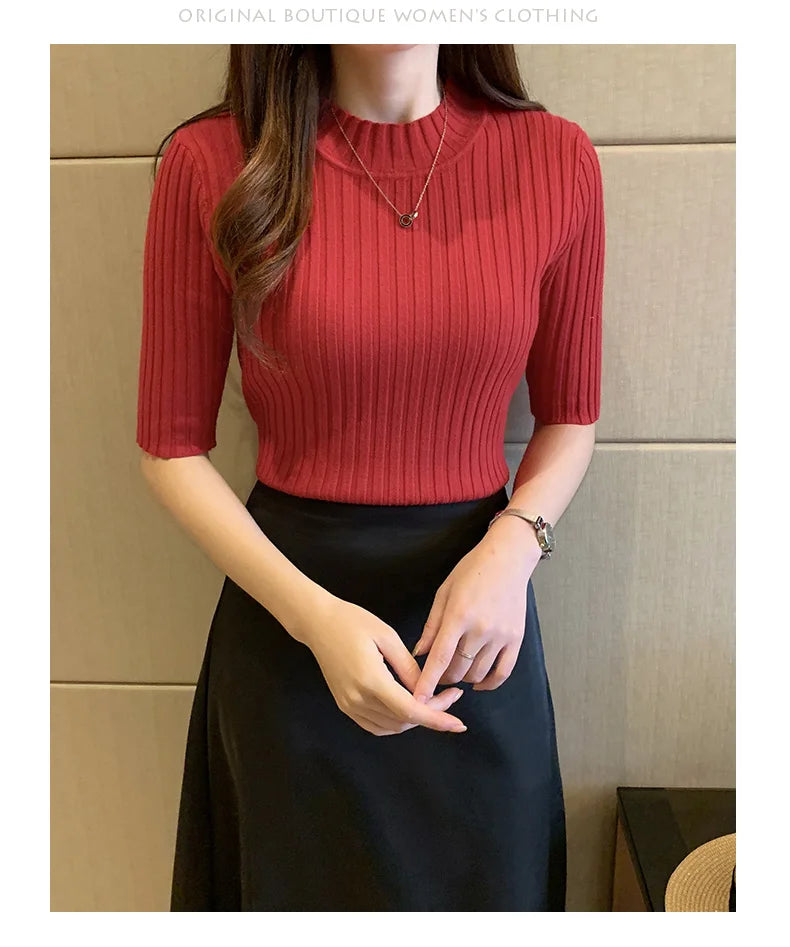 Casual Knitted Tee Shirt Elegant Short Sleeve Tops Fashion Basic Woman T-shirt Femme Elasticity Poleras De Mujer Camisetas 13466