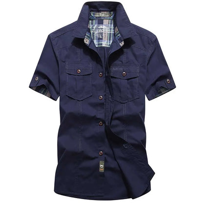 Fashion Cotton Casual Shirts Summer Men Plus Size Loose Baggy Shirts Short Sleeve Turn-down Collar Military Style Male Clothing Navy Blue