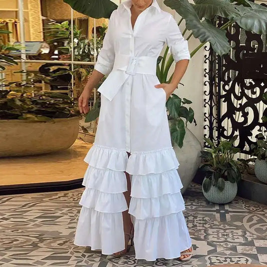 Women Party Maxi Dress 2023 VONDA Spring Holiday Dress Casual Vintage Long Sleeve Lapel Button Down Ruffled Vestidos Robe Femme