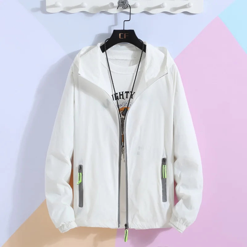 New Women's Thin Coat Summer Sun Protection Clothing Reflective Zipper Hooded Casual Jacket Family Lovers Clothing Plus Size 7XL White