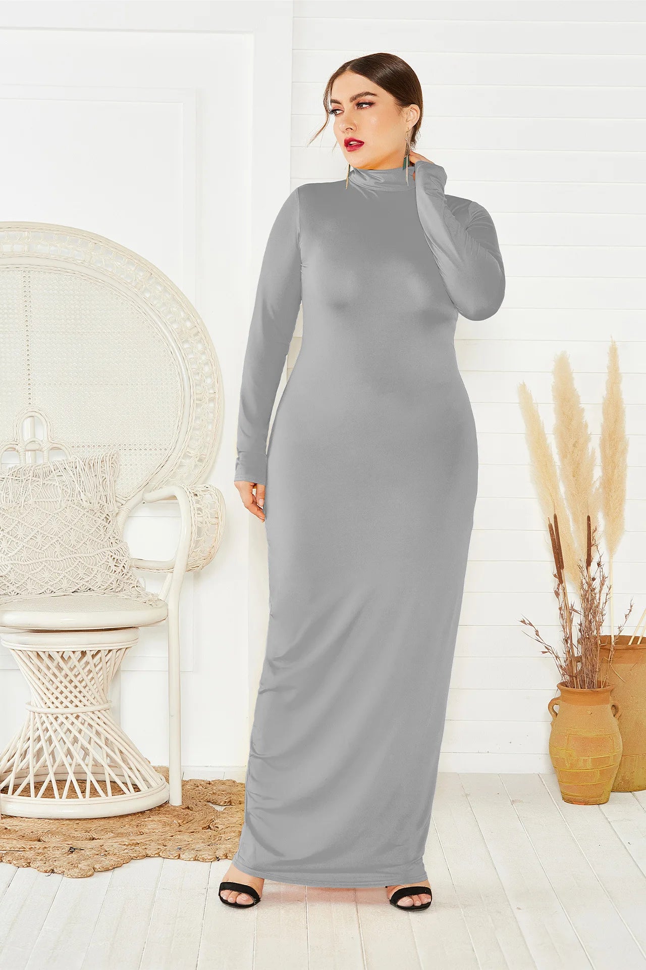 Spring Autumn Women Solid Casual Slim Bodycon Package Hip Maxi Dress Long Sleeve Turtleneck Stretchy Long Dresses Plus Size Robe