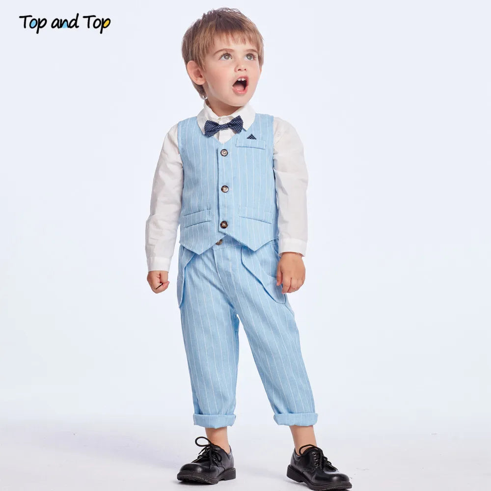 Top and Top Spring&Autumn Baby Boy Gentleman Suit White Shirt with Bow Tie+Striped Vest+Trousers 3Pcs Formal Kids Clothes Set