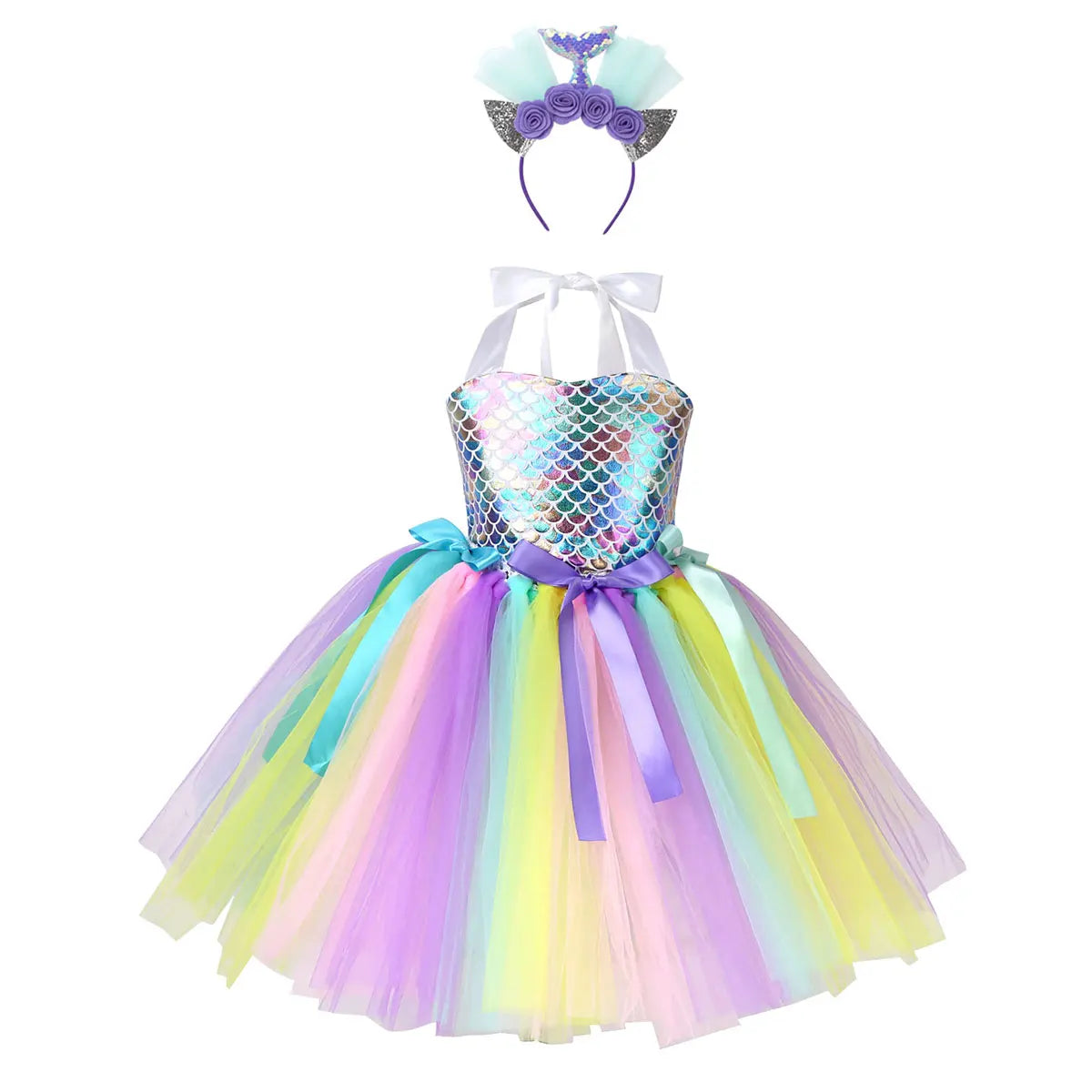 Kids Girls Cosplay Party Dress Princess Dress Up Mermaid Tulle Tutu Dresses Theme Birthday Party Costume with Flower Headband Colorful C