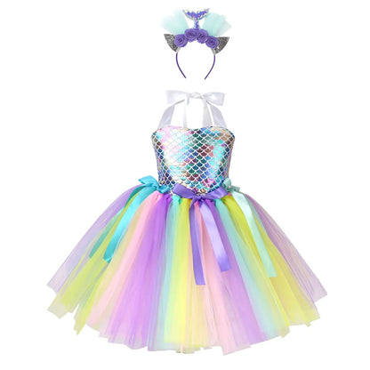 Kids Girls Cosplay Party Dress Princess Dress Up Mermaid Tulle Tutu Dresses Theme Birthday Party Costume with Flower Headband Colorful C