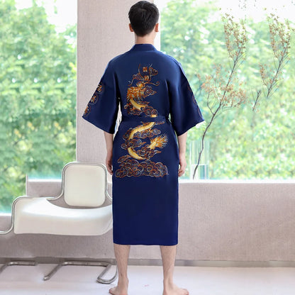 Navy Blue Embroidery Dragon Robe Nightgown Men Kimono Bathrobe Gown Satin Silk Sleepwear Nightwear Loose Casual Home Clothes