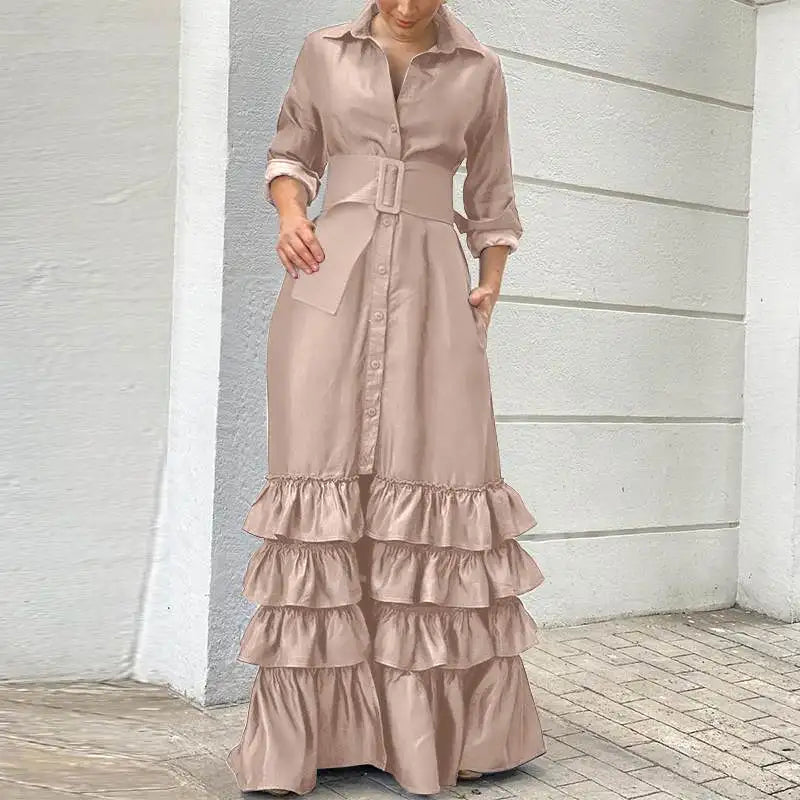 Women Party Maxi Dress 2023 VONDA Spring Holiday Dress Casual Vintage Long Sleeve Lapel Button Down Ruffled Vestidos Robe Femme