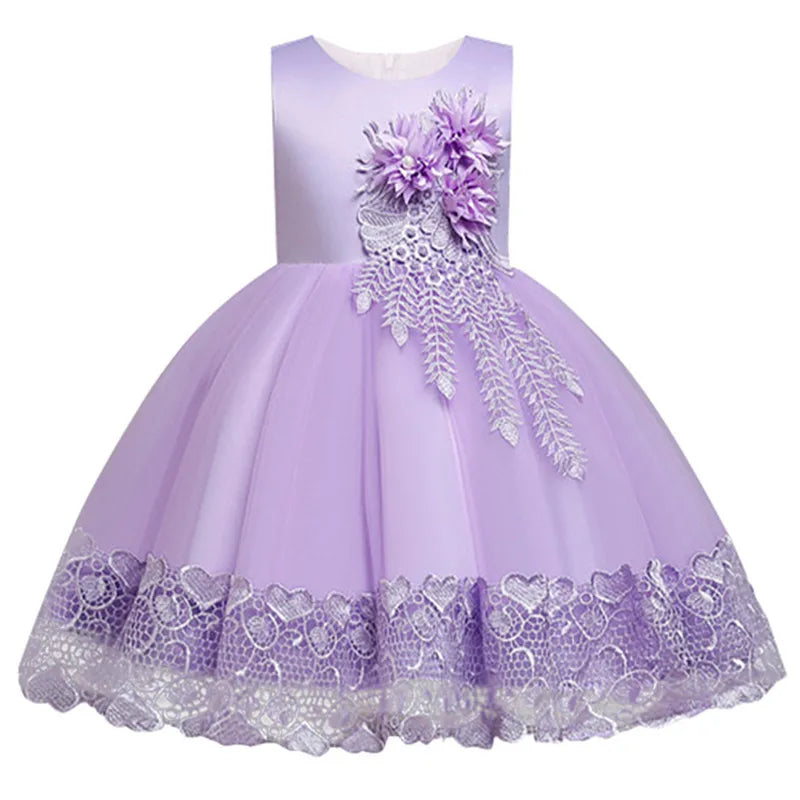 White Wedding Birthday Gown Lace Tutu Princess Dress Floral Embroidery Girls Children Clothing Kids Party For Girl Clothes