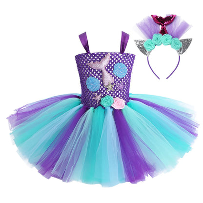 Kids Girls Cosplay Party Dress Princess Dress Up Mermaid Tulle Tutu Dresses Theme Birthday Party Costume with Flower Headband Purple Light Blue A