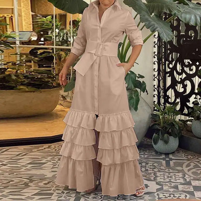 Women Party Maxi Dress 2023 VONDA Spring Holiday Dress Casual Vintage Long Sleeve Lapel Button Down Ruffled Vestidos Robe Femme