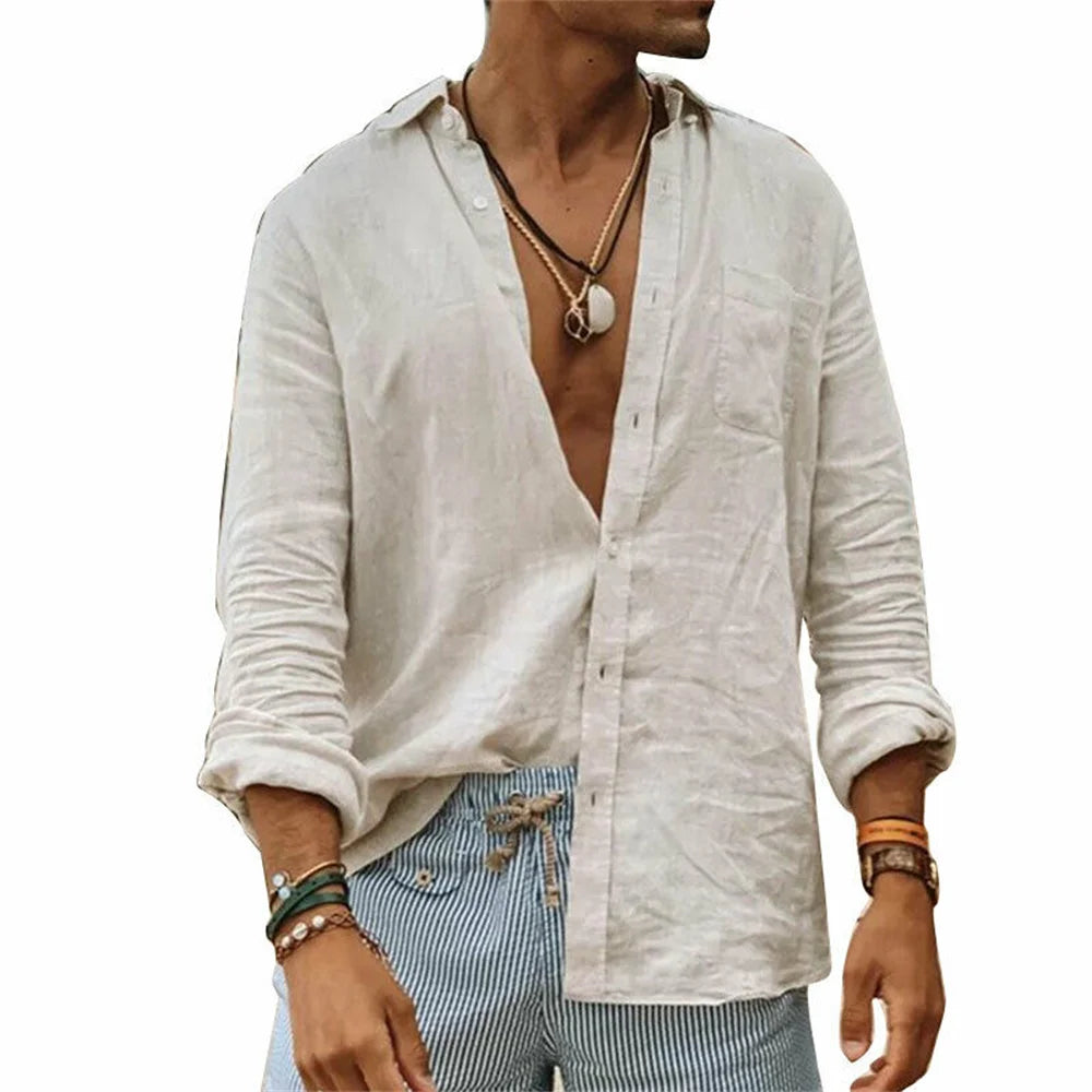 New Casual Cotton Linen Shirts Standing Collar Male Solid Color Long Sleeves Casual Cotton Linen Shirt Tops Summer Chemise Homme