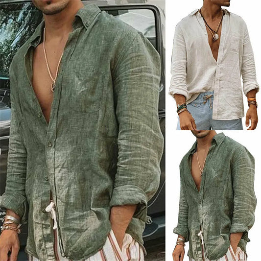 New Casual Cotton Linen Shirts Standing Collar Male Solid Color Long Sleeves Casual Cotton Linen Shirt Tops Summer Chemise Homme