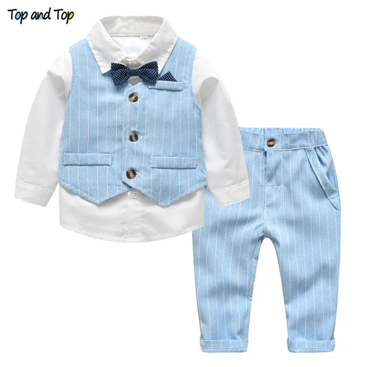 Top and Top Spring&Autumn Baby Boy Gentleman Suit White Shirt with Bow Tie+Striped Vest+Trousers 3Pcs Formal Kids Clothes Set