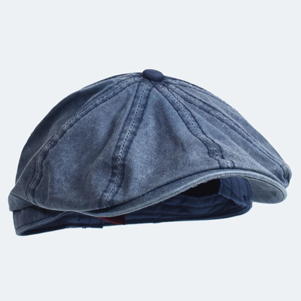 Washed Cotton Newsboy Cap Peaky Octagonal Hat Vintage Casual Cap Solid Berets Visor Gatsby Flat Ivy Hat Blue 58-60 cm