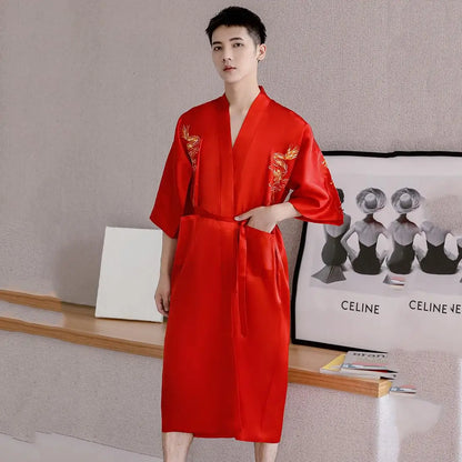 Navy Blue Embroidery Dragon Robe Nightgown Men Kimono Bathrobe Gown Satin Silk Sleepwear Nightwear Loose Casual Home Clothes Burgundy Robe