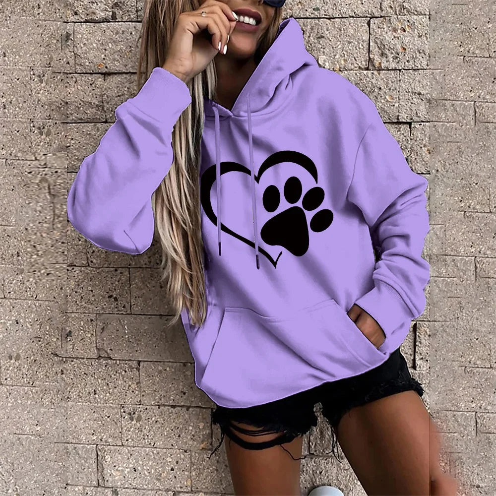 Women's Fashion Hoodie Loose Oversized Long Sleeve Sweatshirts Black Love Footprint Printed Clothing Ladies Harajuku Pullover