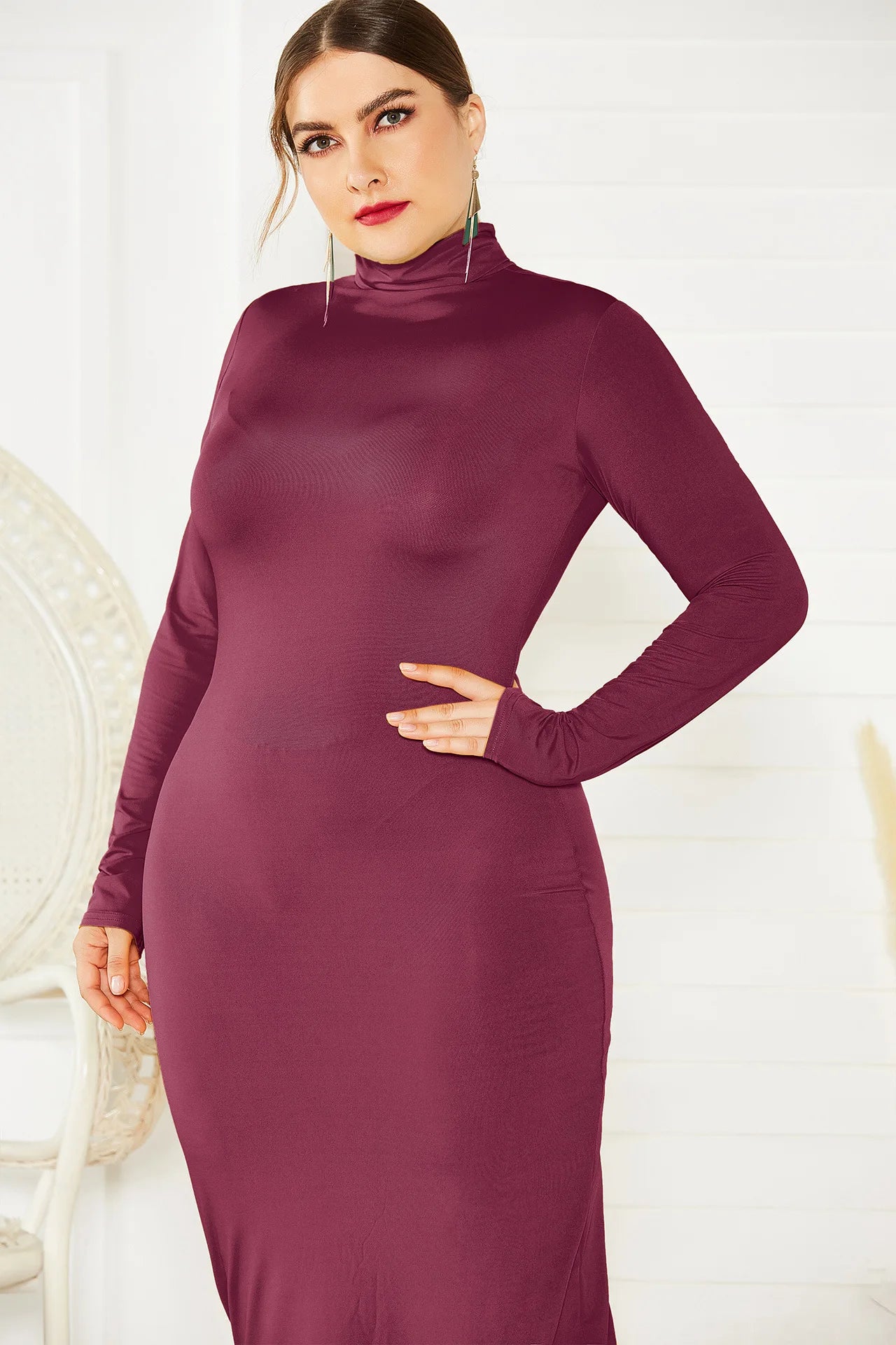 Spring Autumn Women Solid Casual Slim Bodycon Package Hip Maxi Dress Long Sleeve Turtleneck Stretchy Long Dresses Plus Size Robe