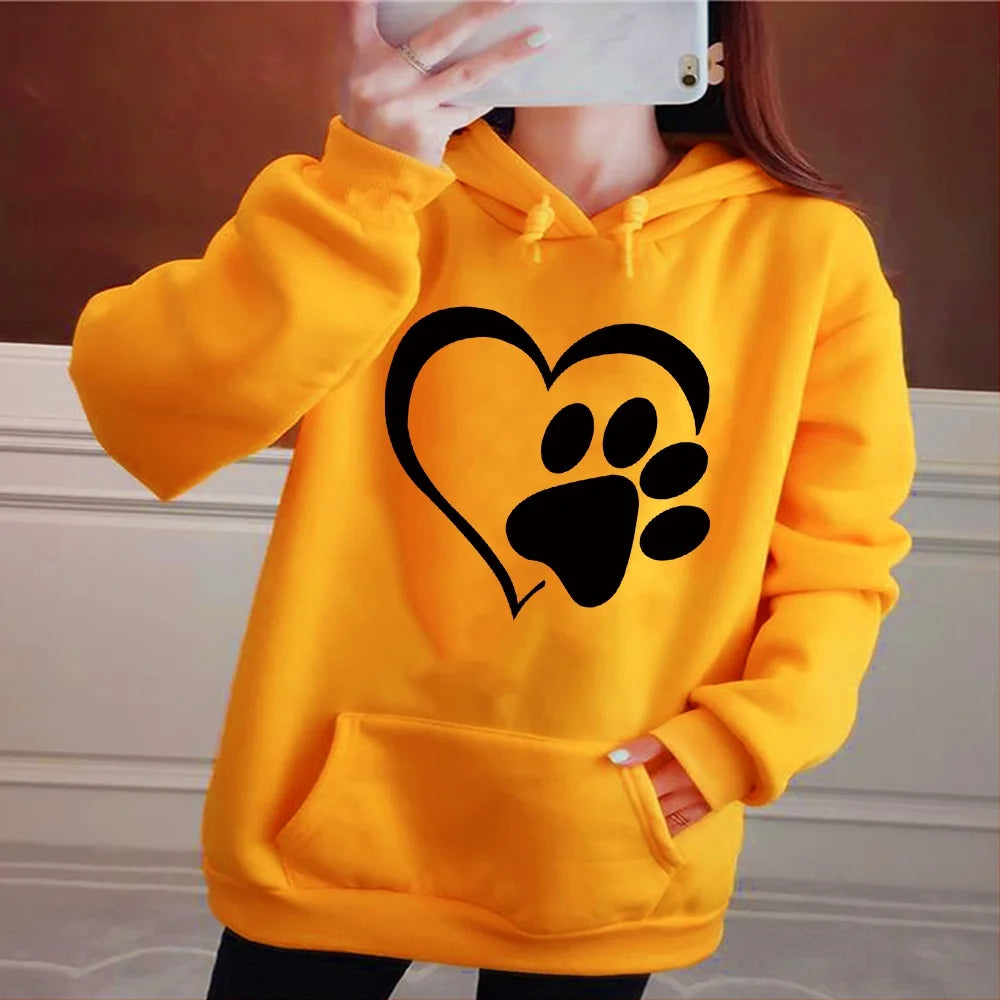 Women's Fashion Hoodie Loose Oversized Long Sleeve Sweatshirts Black Love Footprint Printed Clothing Ladies Harajuku Pullover