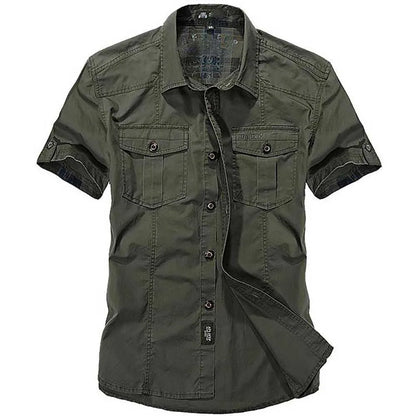 Fashion Cotton Casual Shirts Summer Men Plus Size Loose Baggy Shirts Short Sleeve Turn-down Collar Military Style Male Clothing Bean Green