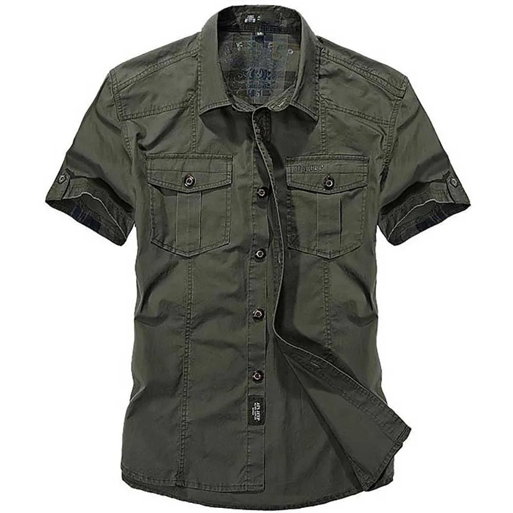 Elegant Fashion Cotton Casual Shirts Summer Men Plus Size Loose Baggy Shirts Short Sleeve Turn-down Collar Military Style Male Clothing Bean Green