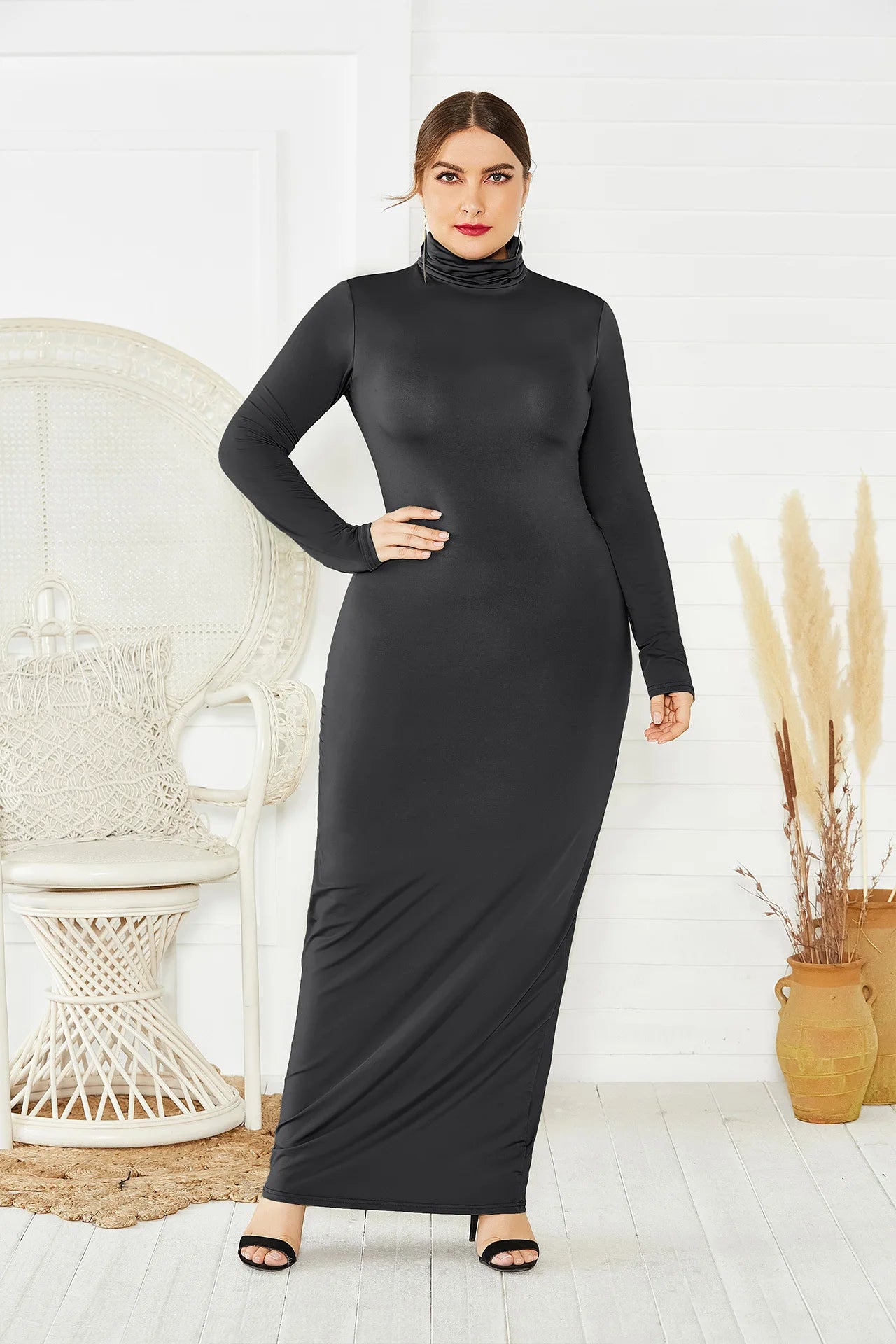 Spring Autumn Women Solid Casual Slim Bodycon Package Hip Maxi Dress Long Sleeve Turtleneck Stretchy Long Dresses Plus Size Robe