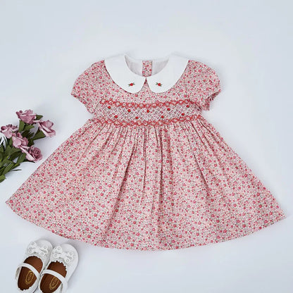 Kids Little Girls Handmade Smocked Floral Flower Print Dresses 2024 Spring Summer Toddler Girl Princess Vintage Smock Dress