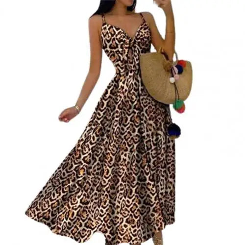 Women's Sling Long Dresses Summer Floral V-Neck Sleeveless Party Dress Beach Print Maxi Dress Casual Sundress New Fashion Leopard