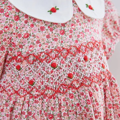 Kids Little Girls Handmade Smocked Floral Flower Print Dresses 2024 Spring Summer Toddler Girl Princess Vintage Smock Dress