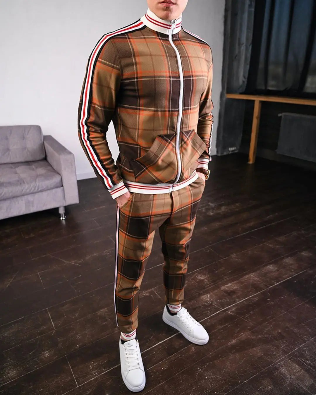 Mens Tracksuits Colorful Plaid Casual Zipper Hoodie Set 3D Print Set New Autumn Male Sweatshirt Clothes For Men apricot01 CHINA