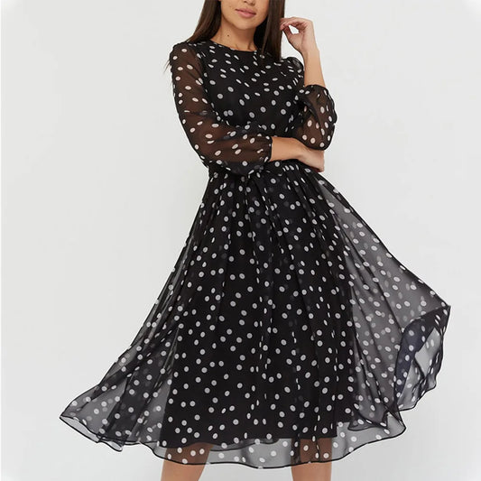 Dresses for Women 2022 Spring and Autumn Women's Long Sleeve Round Neck Belt Chiffon Print Sexy Lace Polka Dot Dress TL50 Black