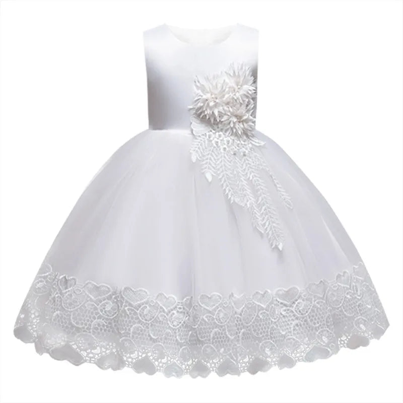 White Wedding Birthday Gown Lace Tutu Princess Dress Floral Embroidery Girls Children Clothing Kids Party For Girl Clothes