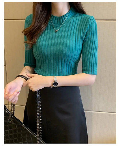 Casual Knitted Tee Shirt Elegant Short Sleeve Tops Fashion Basic Woman T-shirt Femme Elasticity Poleras De Mujer Camisetas 13466