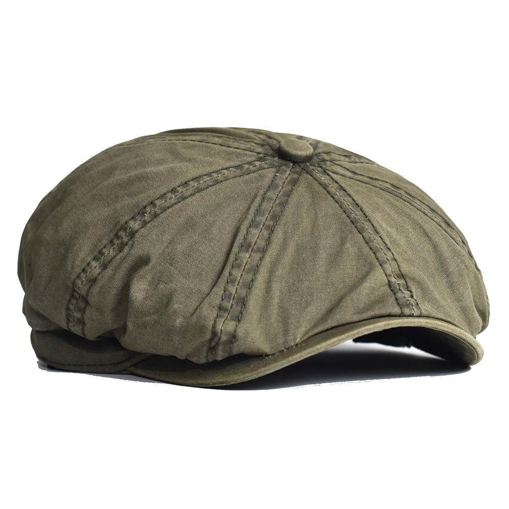 Washed Cotton Newsboy Cap Peaky Octagonal Hat Vintage Casual Cap Solid Berets Visor Gatsby Flat Ivy Hat army green 58-60 cm