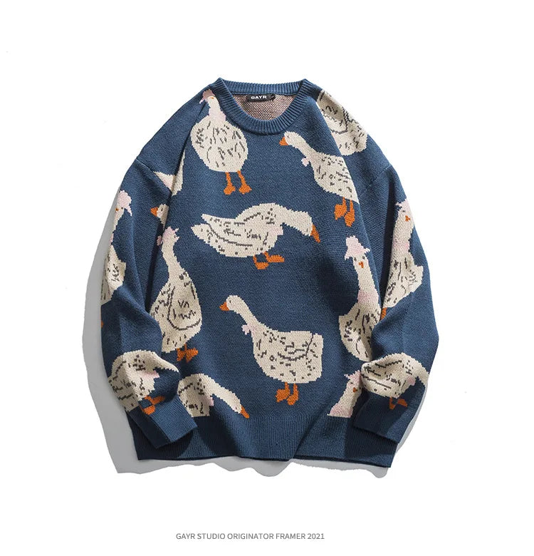 Japanese Knitted Sweater Men Cartoon Animal Duck Goose Print Pullover Harajuku Casual O-neck Oversize Top Streetwear Unisex Fall