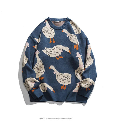 Japanese Knitted Sweater Men Cartoon Animal Duck Goose Print Pullover Harajuku Casual O-neck Oversize Top Streetwear Unisex Fall