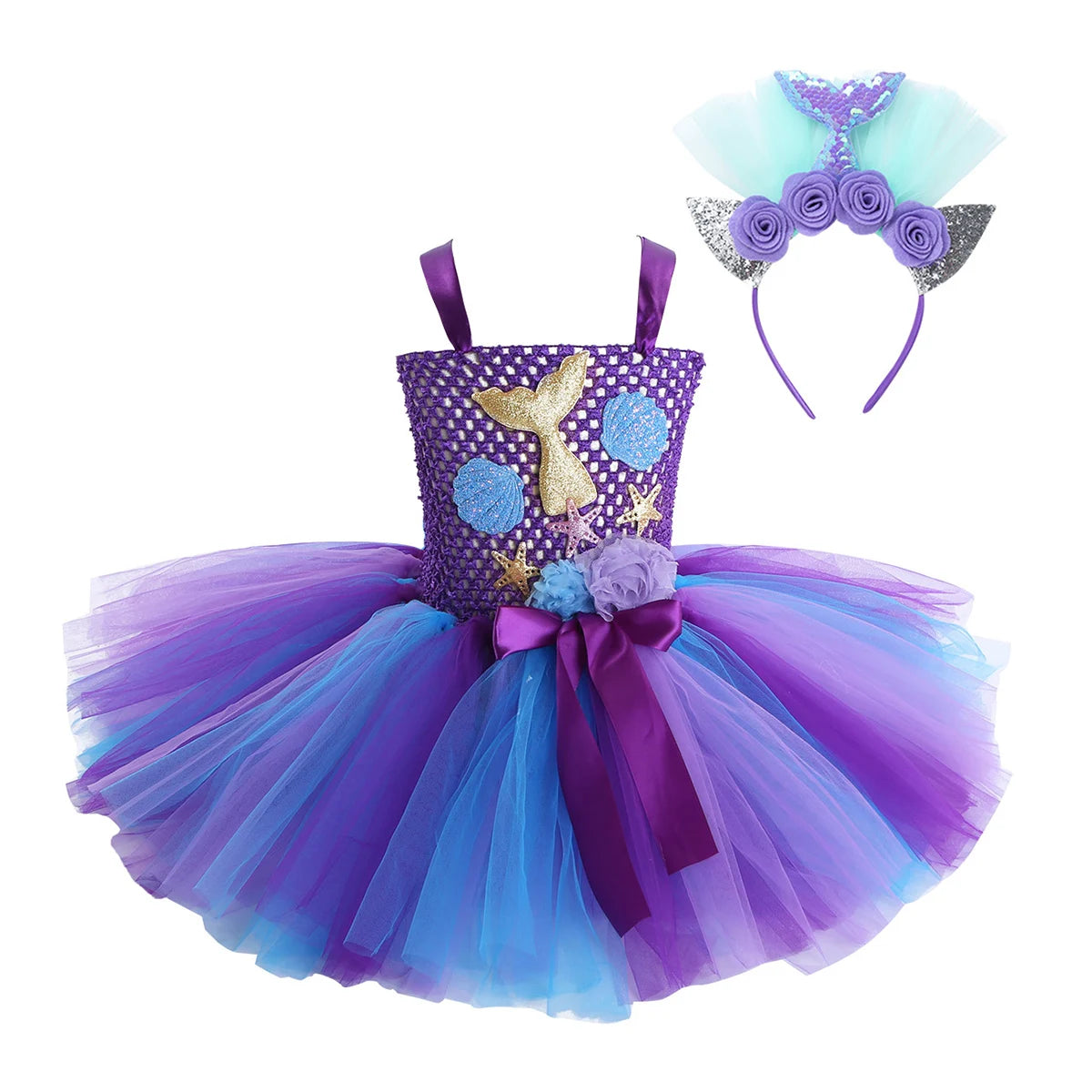 Kids Girls Cosplay Party Dress Princess Dress Up Mermaid Tulle Tutu Dresses Theme Birthday Party Costume with Flower Headband Purple A