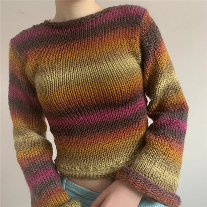 Dourbesty Rainbow Curled Sweater Women Fashion Flared Long Sleeve Loose Knitted Pullovers Fairy Harajuku Vintage Clothes Autumn