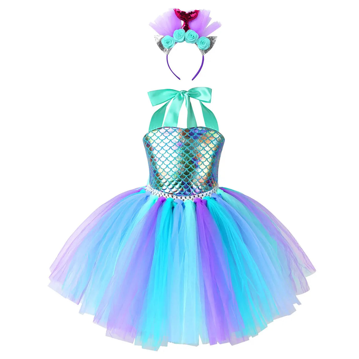 Kids Girls Cosplay Party Dress Princess Dress Up Mermaid Tulle Tutu Dresses Theme Birthday Party Costume with Flower Headband Lake Green C