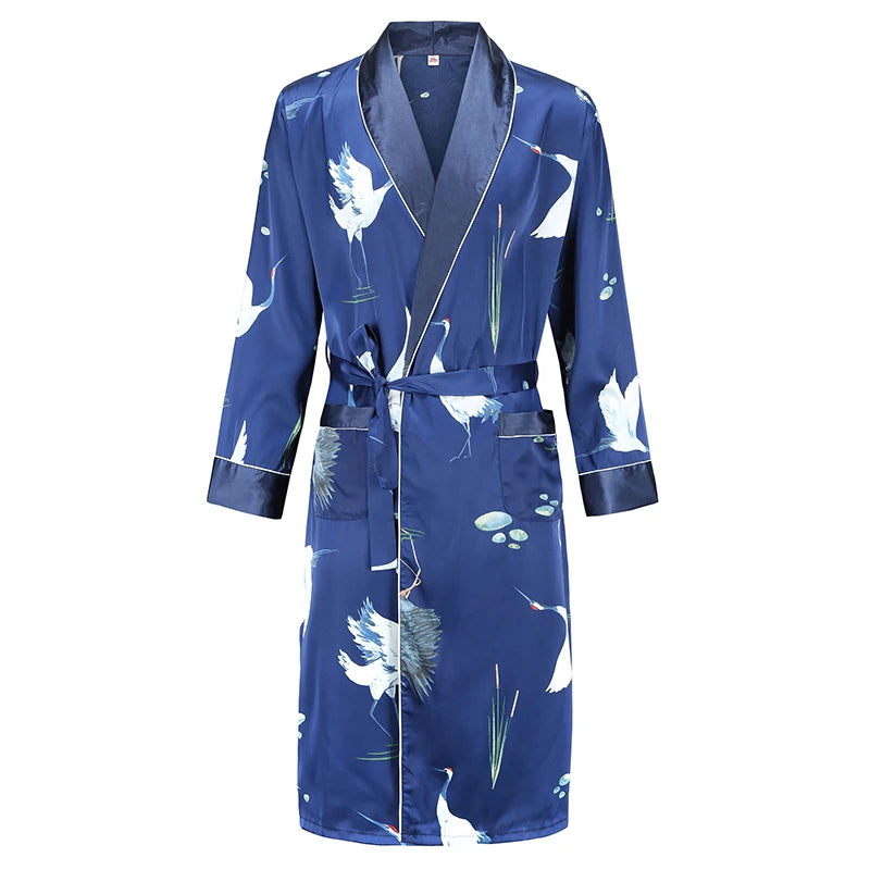 Men Robe Nightgown Long Sleeves Kimono Bathrobe Gown Silky Satin Dragon Print Pajamas Sleepwear Nightwear Gown Casual Home